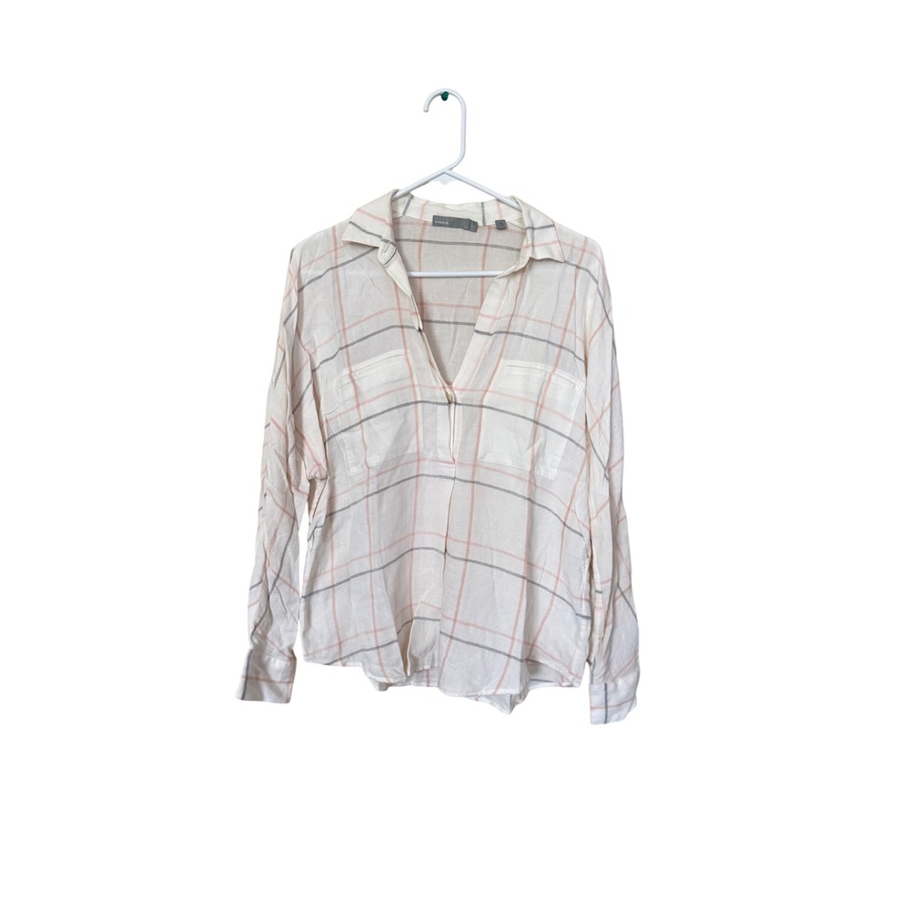 Vince Women Cream Pink Plaid Windowpane Long Sleeve Henley Blouse Size XS